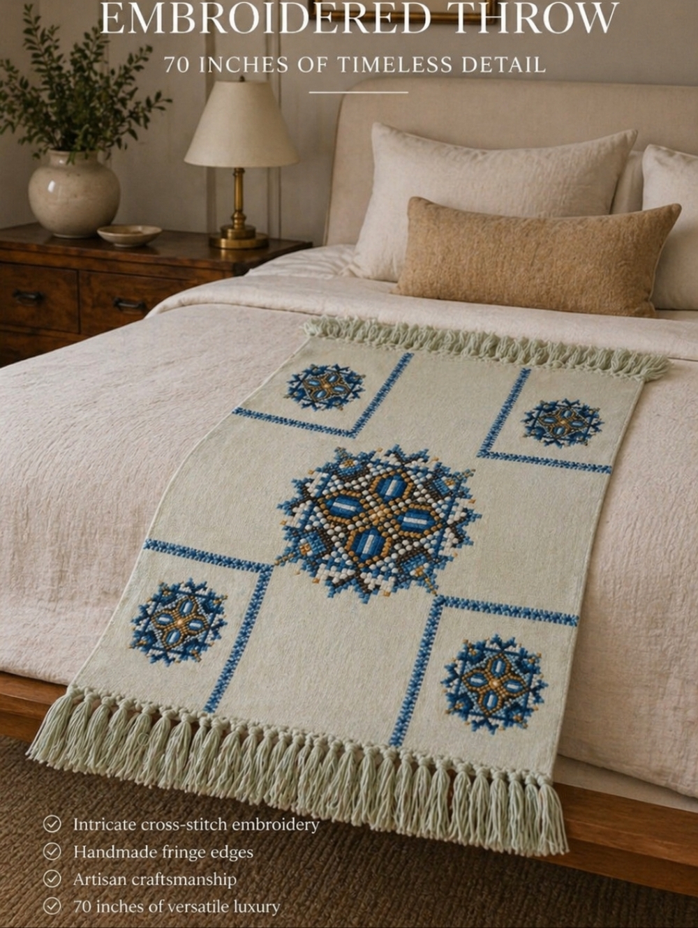 Hand Knit Cozy Fringed Cream and Blue cozy Throw With Cross Stitching
